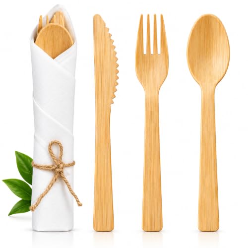 Aowutus Pre-Rolled Disposable Bamboo Cutlery Set for Parties