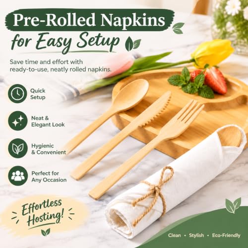 Aowutus Pre-Rolled Disposable Bamboo Cutlery Set for Parties