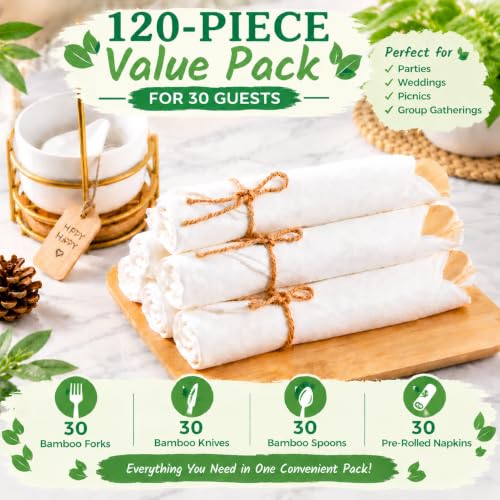 Aowutus Pre-Rolled Disposable Bamboo Cutlery Set for Parties