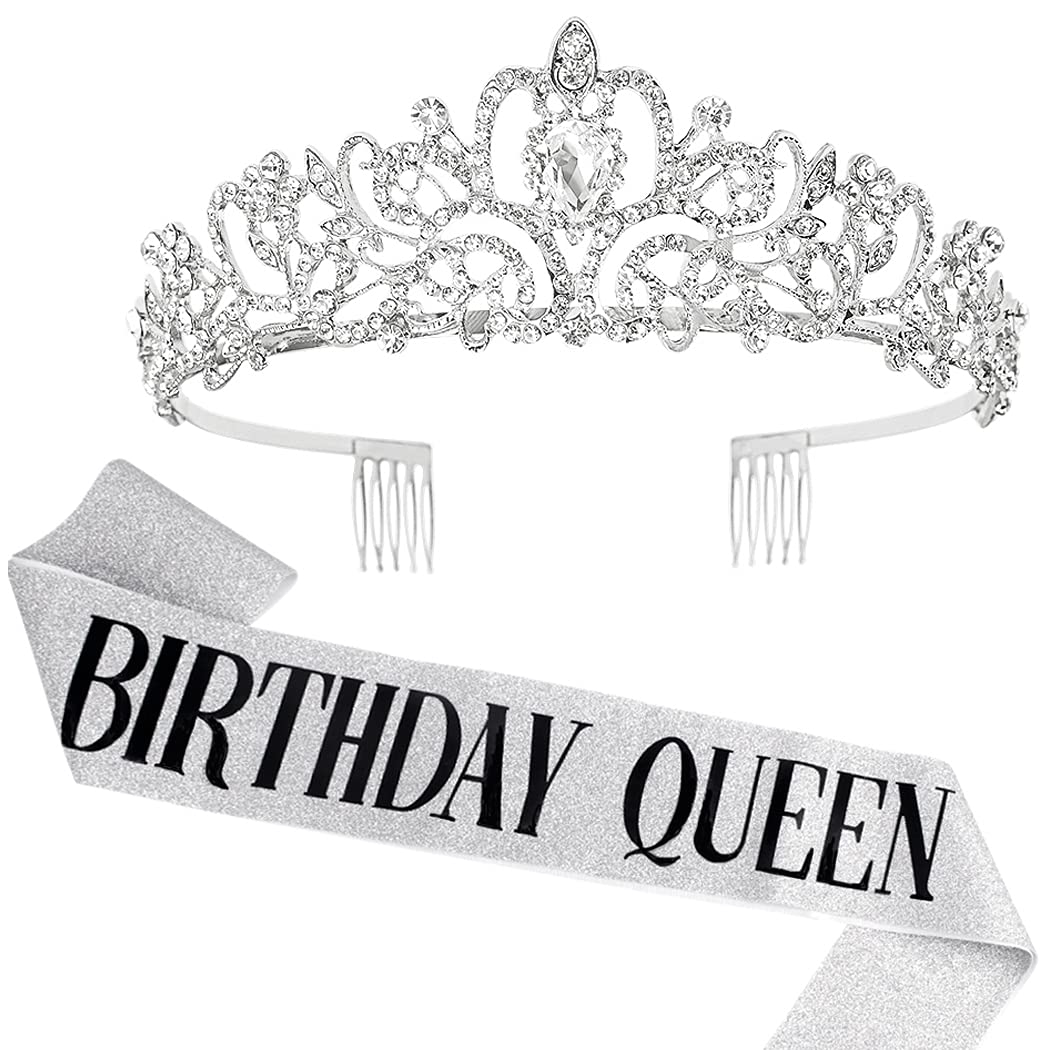 COCIDE Birthday Queen Silver Tiara & Glitter Sash Set