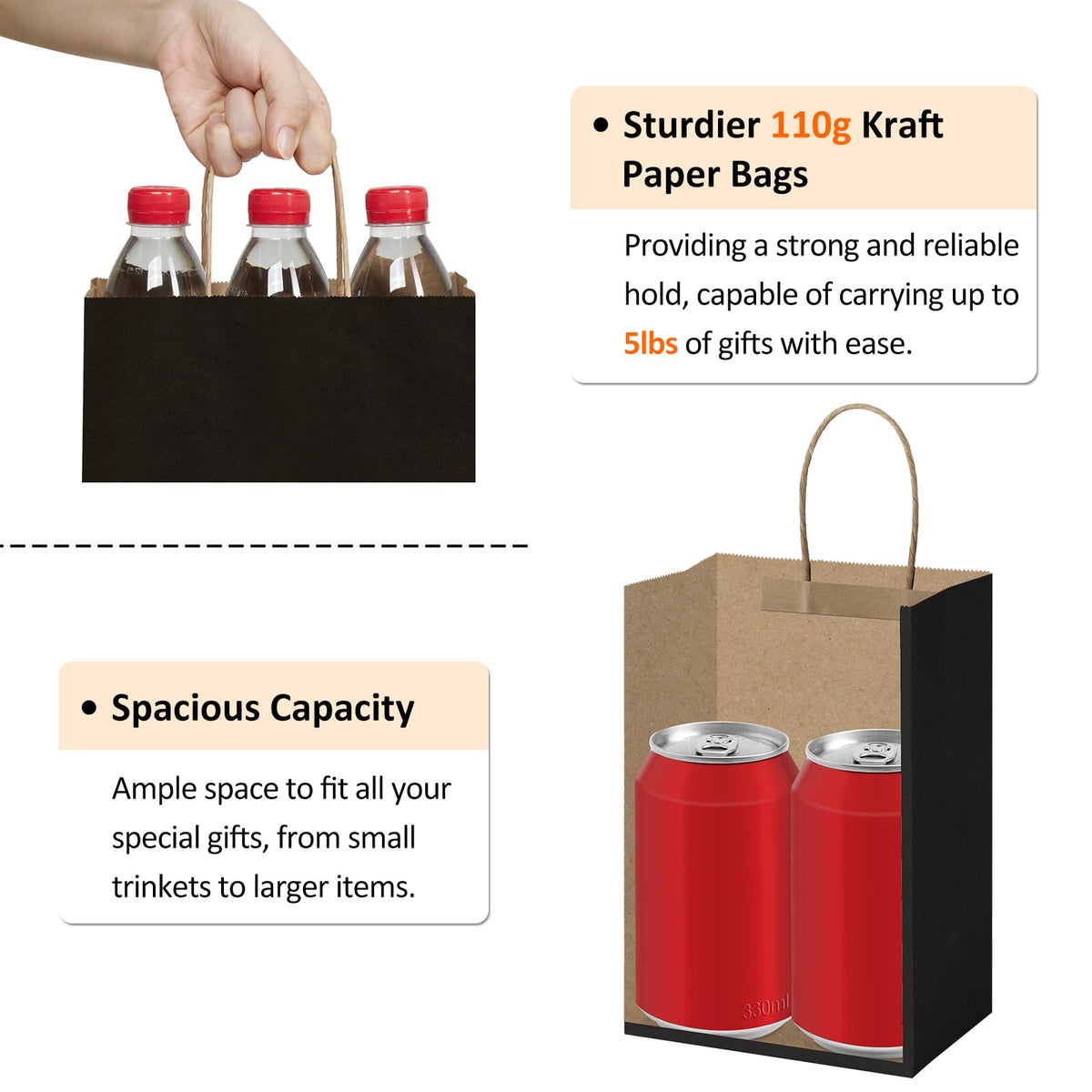 BagDream 100-Pack Kraft Gift Bags with Handles, 5.25x3x8