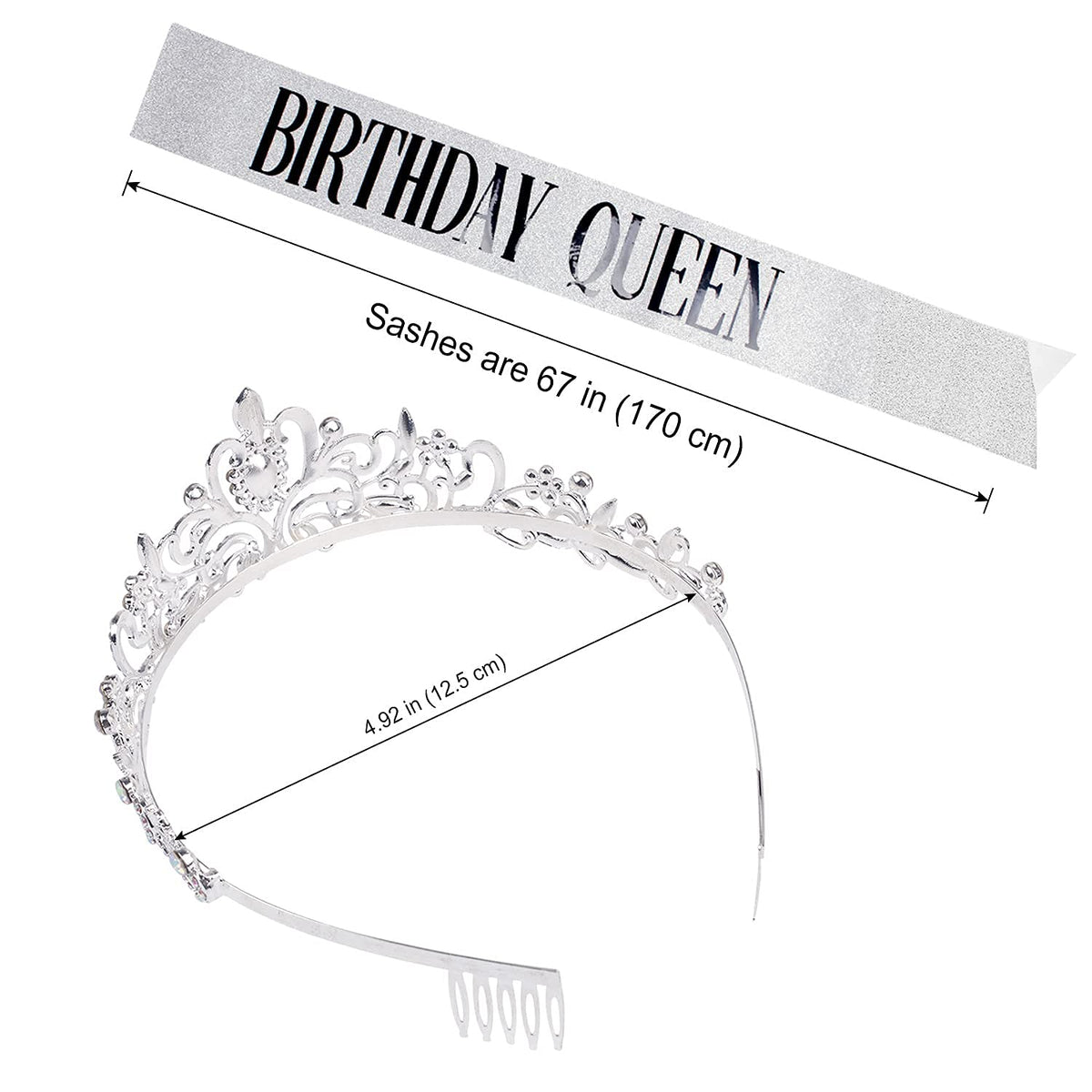 COCIDE Birthday Queen Silver Tiara & Glitter Sash Set
