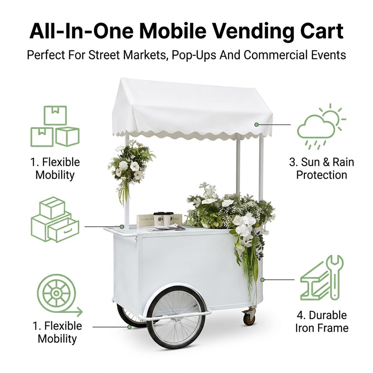 Mobile Iron Snack Cart with Wheels for Parties & Events