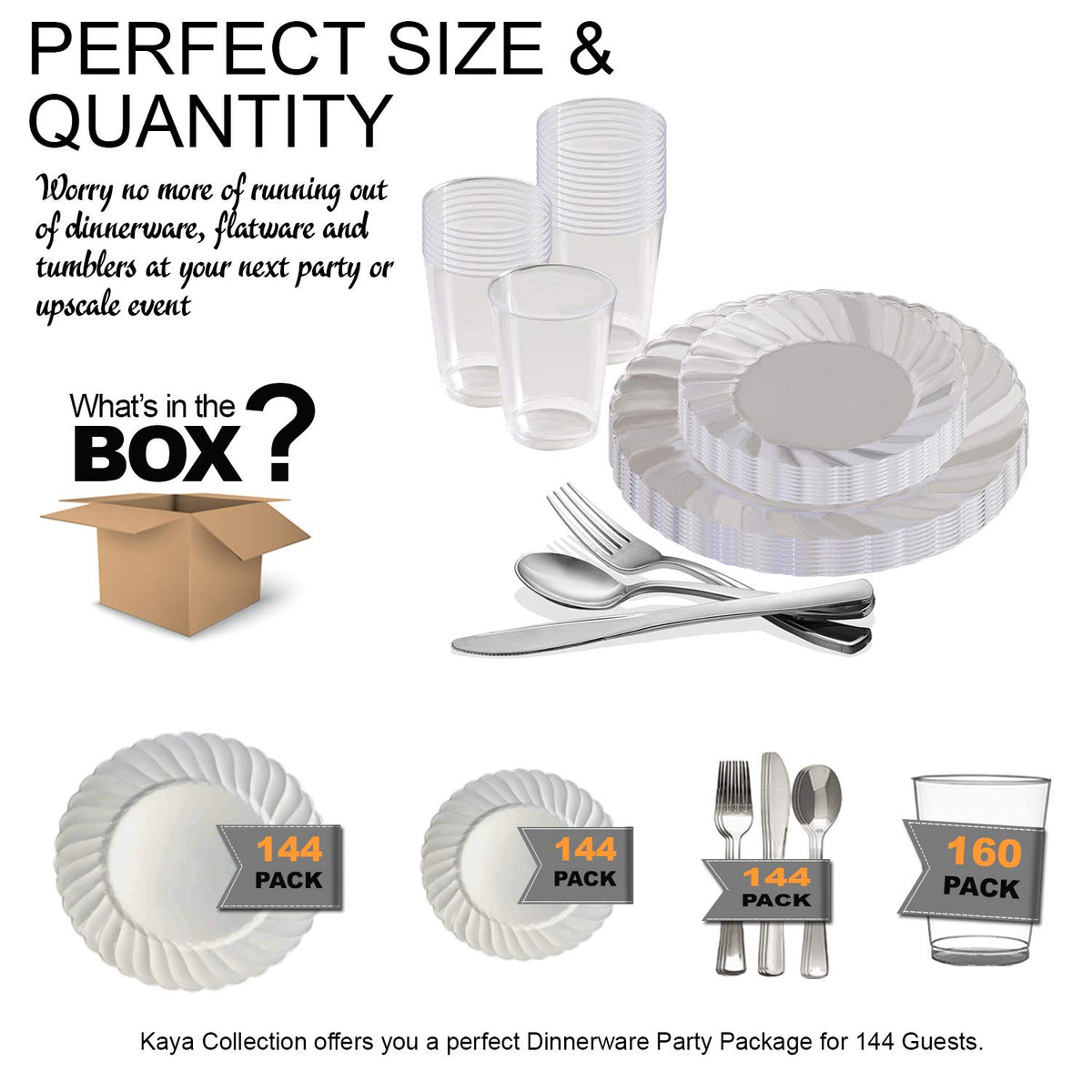 144-Guest Clear Disposable Dinnerware Set with Silver Cutlery