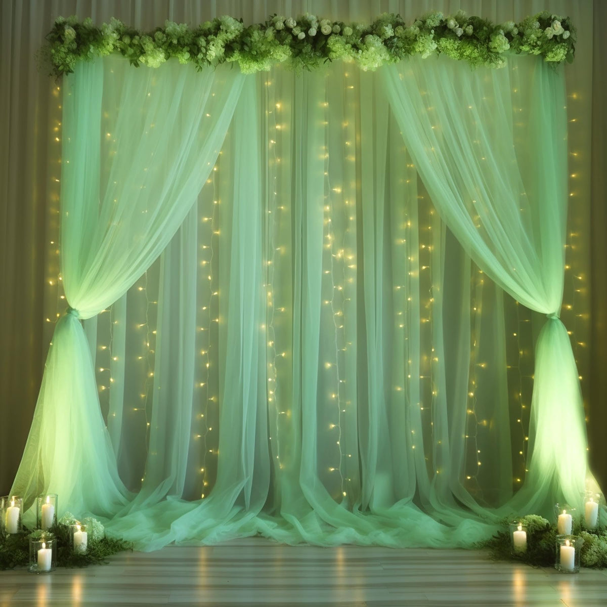 10x10FT Sheer Tulle Backdrop Curtain with String Lights