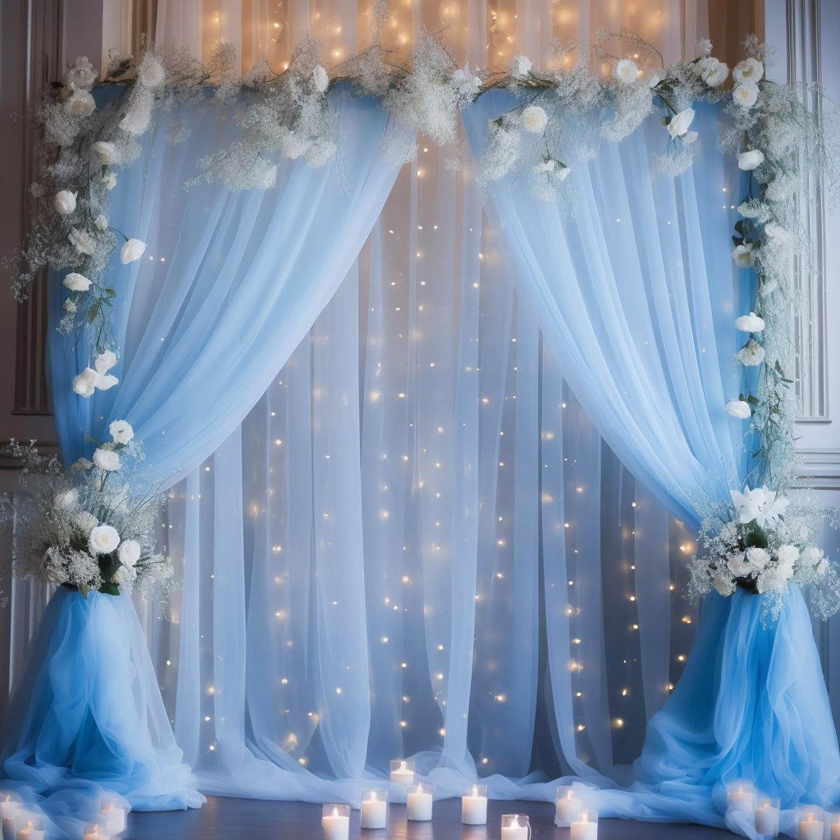 10x10FT Sheer Tulle Backdrop Curtain with String Lights