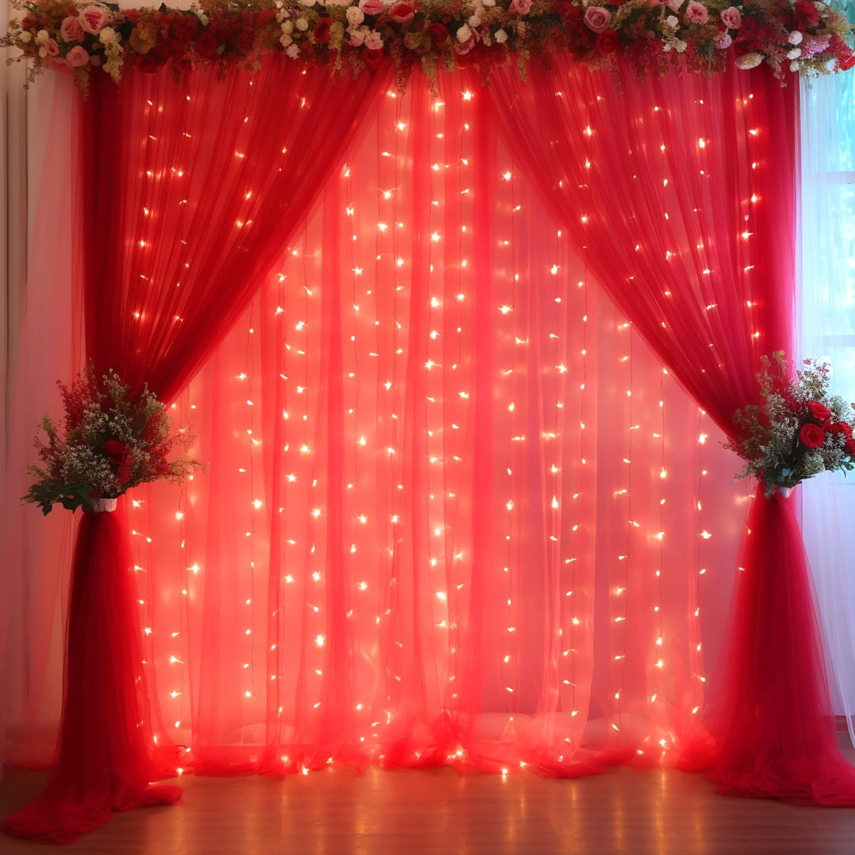 10x10FT Sheer Tulle Backdrop Curtain with String Lights