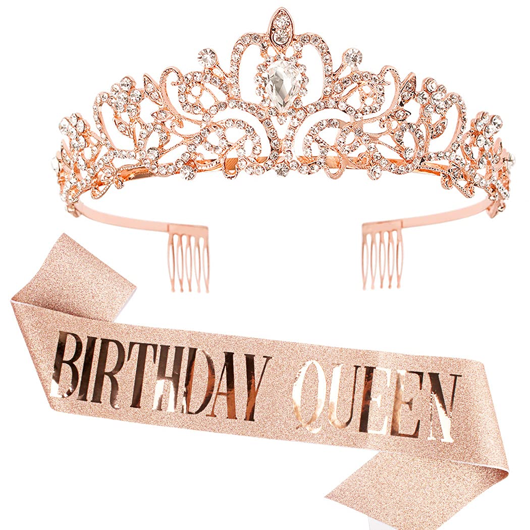 COCIDE Birthday Queen Silver Tiara & Glitter Sash Set