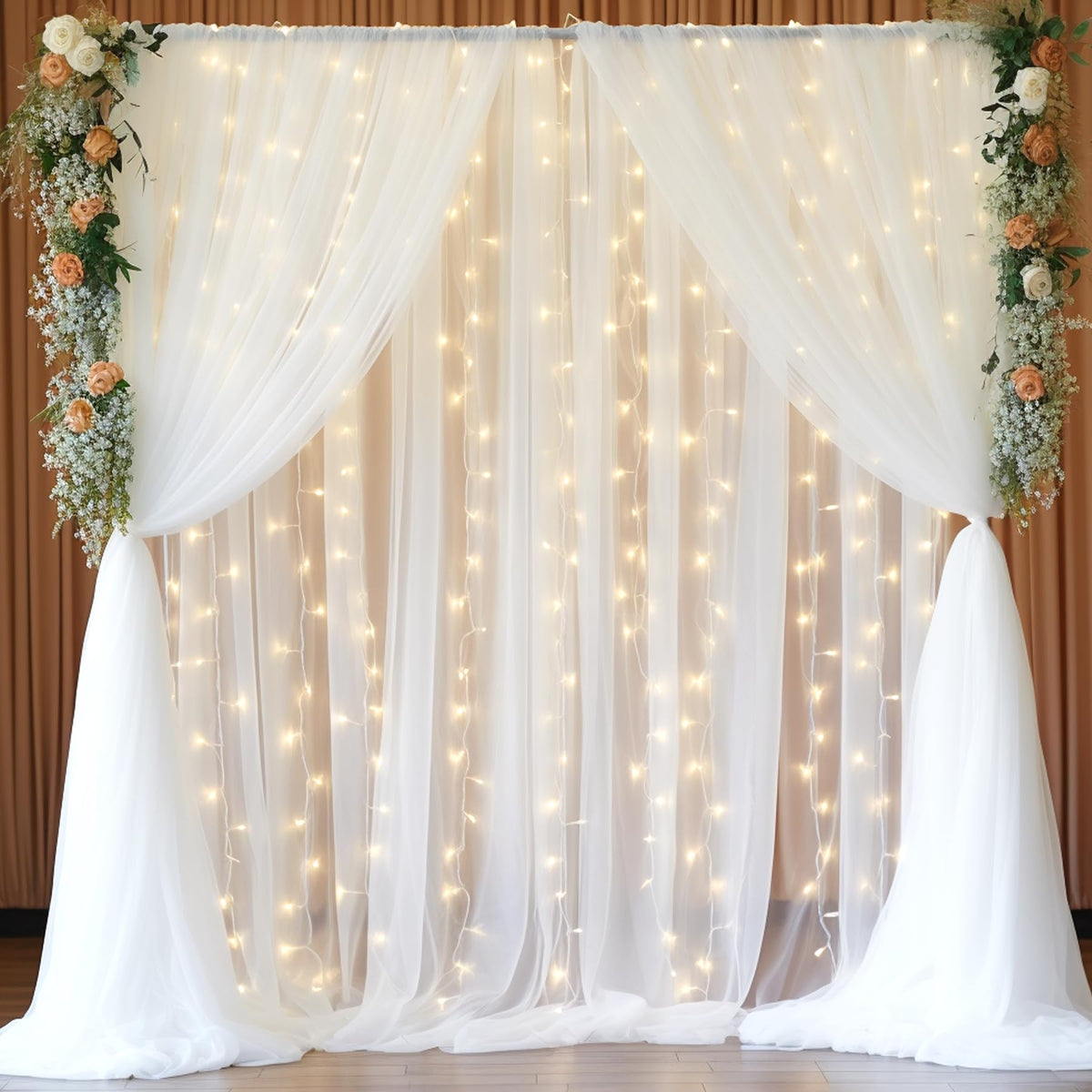 10x10FT Sheer Tulle Backdrop Curtain with String Lights