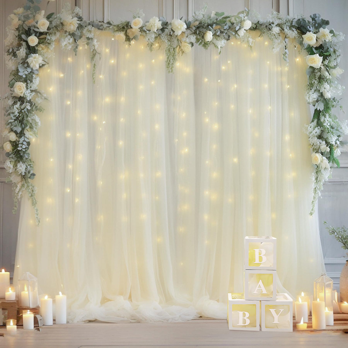 10x10FT Sheer Tulle Backdrop Curtain with String Lights