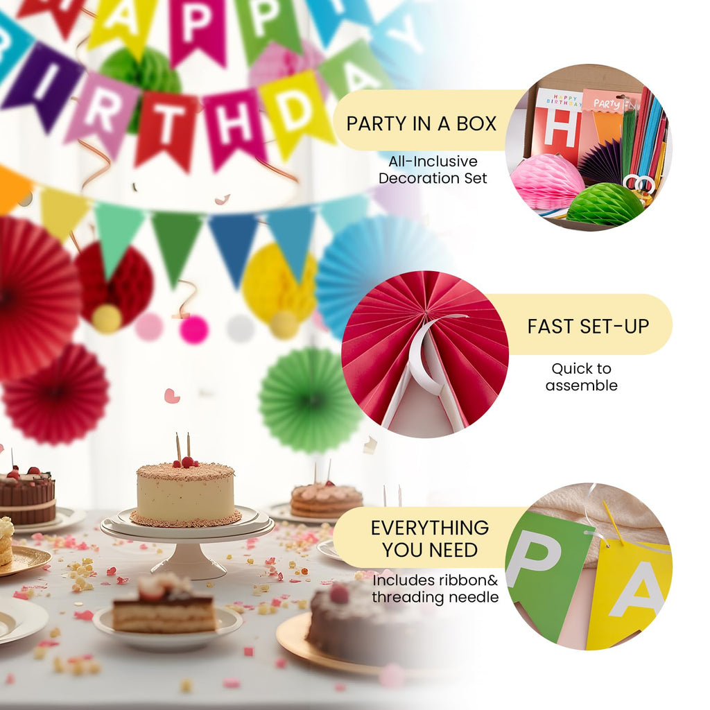 Meowoo Rainbow Birthday Banner, Fans & Honeycomb Set