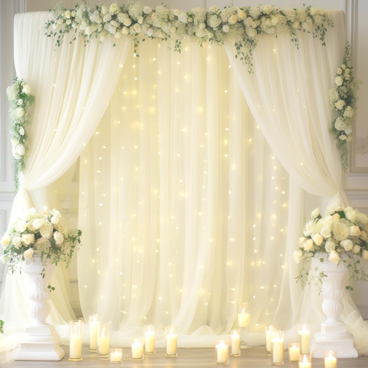 10x10FT Sheer Tulle Backdrop Curtain with String Lights