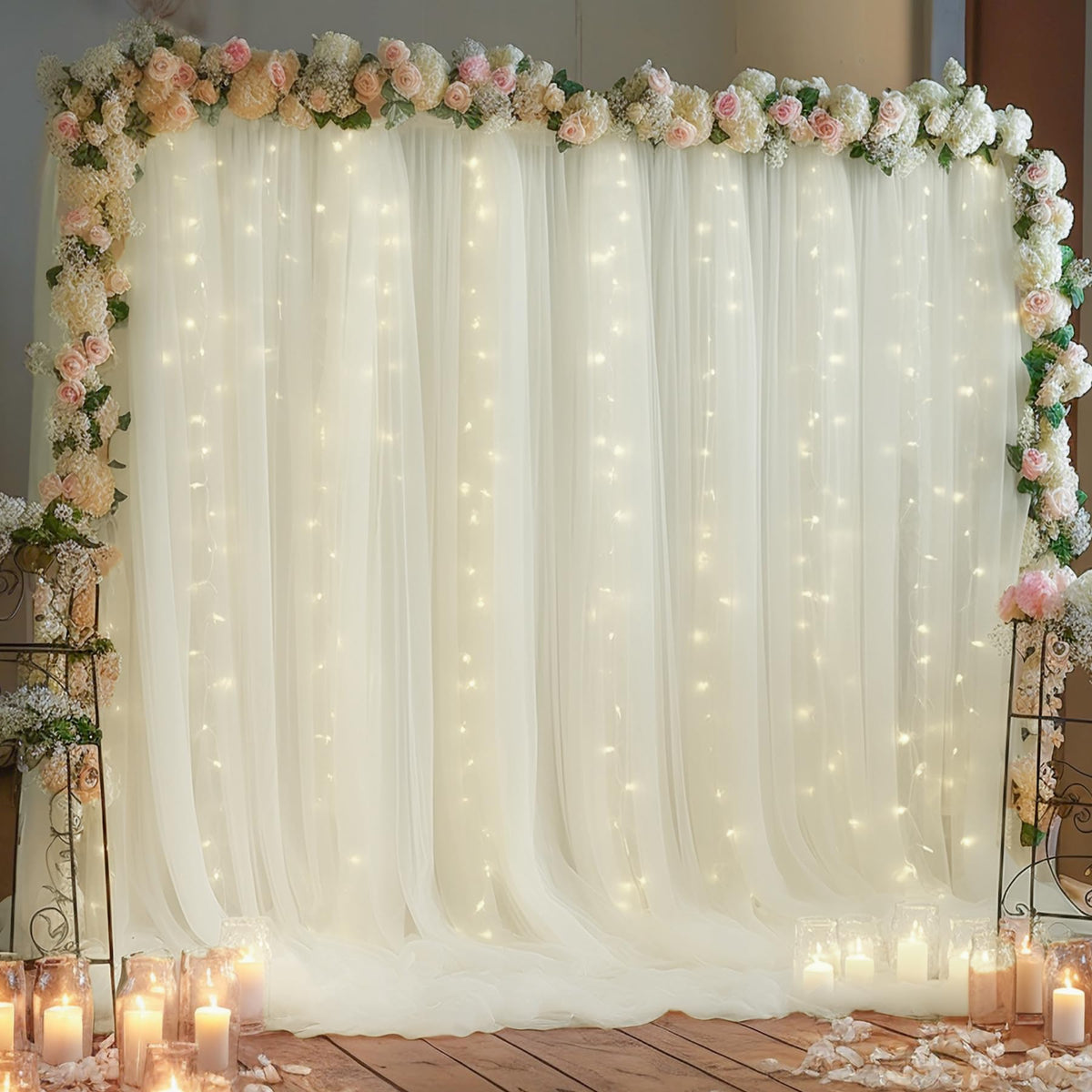 10x10FT Sheer Tulle Backdrop Curtain with String Lights