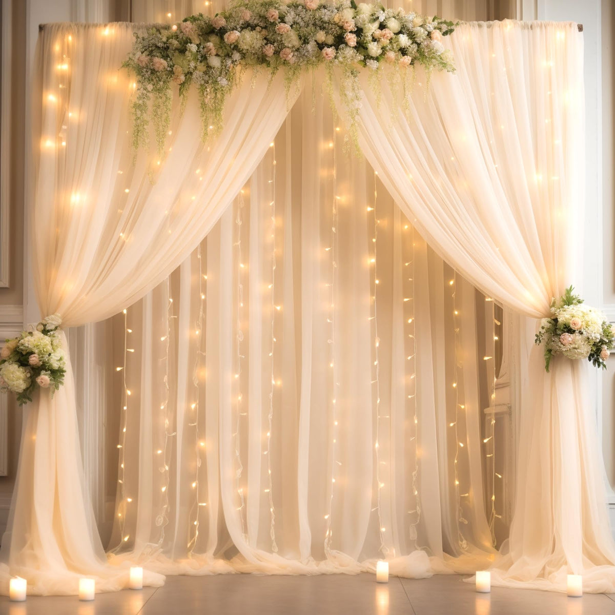 10x10FT Sheer Tulle Backdrop Curtain with String Lights