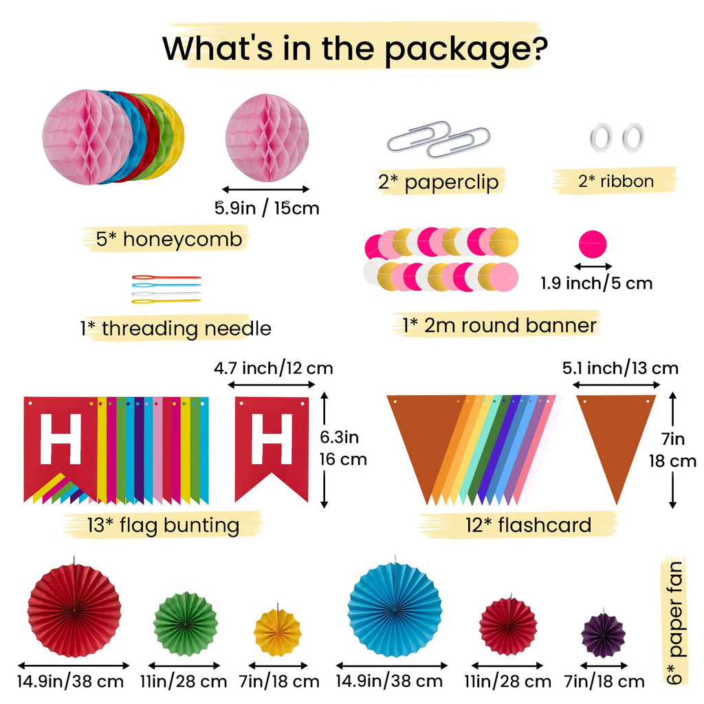 Meowoo Rainbow Birthday Banner, Fans & Honeycomb Set
