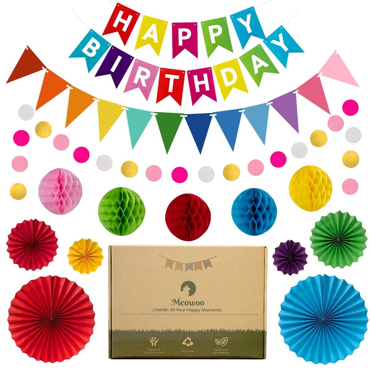 Meowoo Rainbow Birthday Banner, Fans & Honeycomb Set