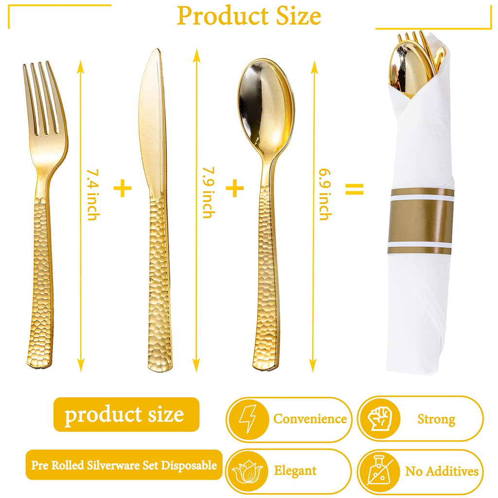 WELLIFE 100-Pack Gold Pre-Rolled Plastic Cutlery Sets