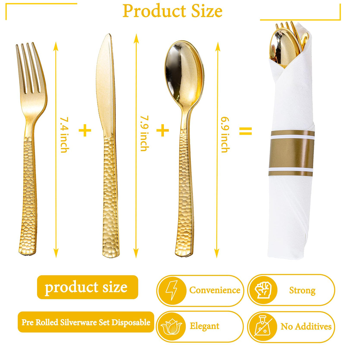 WELLIFE 100-Pack Gold Pre-Rolled Plastic Cutlery Sets