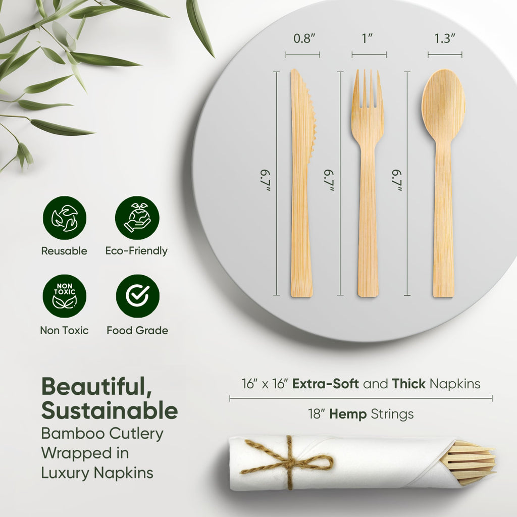 EcoPreps Pre-Rolled Bamboo Cutlery & Napkin Set