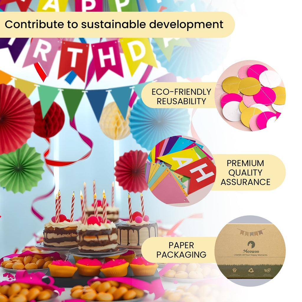 Meowoo Rainbow Birthday Banner, Fans & Honeycomb Set