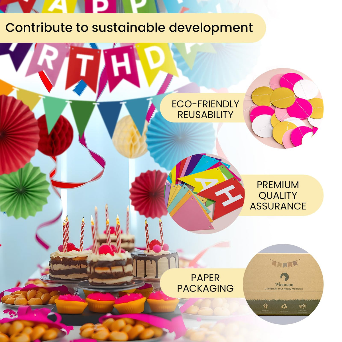 Meowoo Rainbow Birthday Banner, Fans & Honeycomb Set