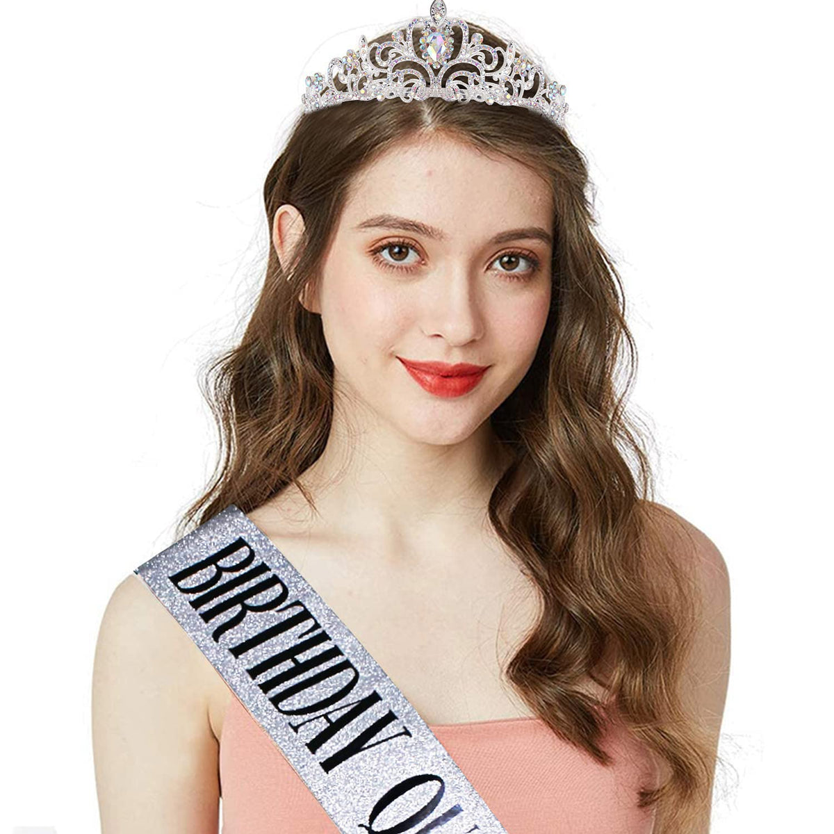 COCIDE Birthday Queen Silver Tiara & Glitter Sash Set