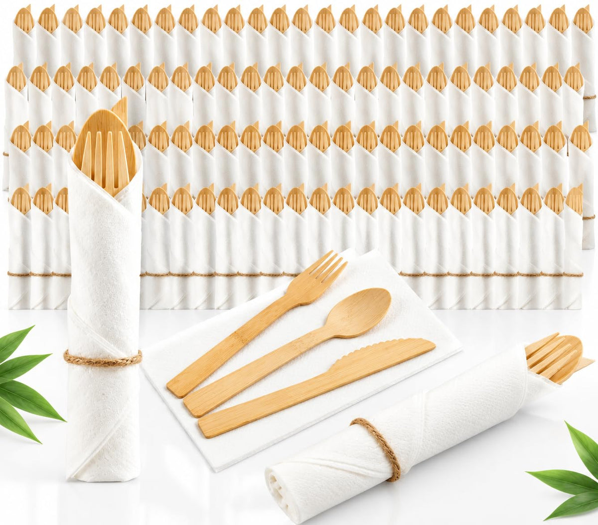 Aowutus Pre-Rolled Disposable Bamboo Cutlery Set for Parties