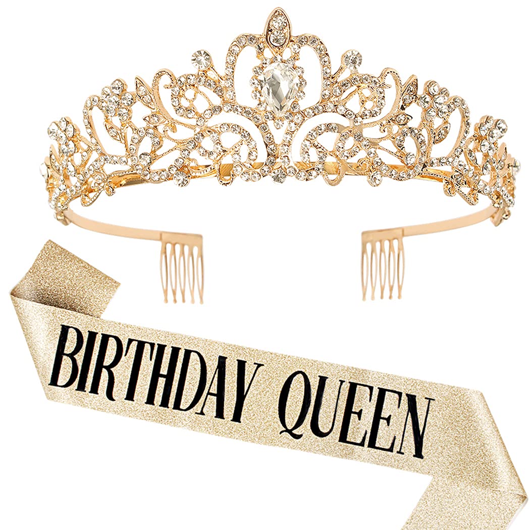 COCIDE Birthday Queen Silver Tiara & Glitter Sash Set
