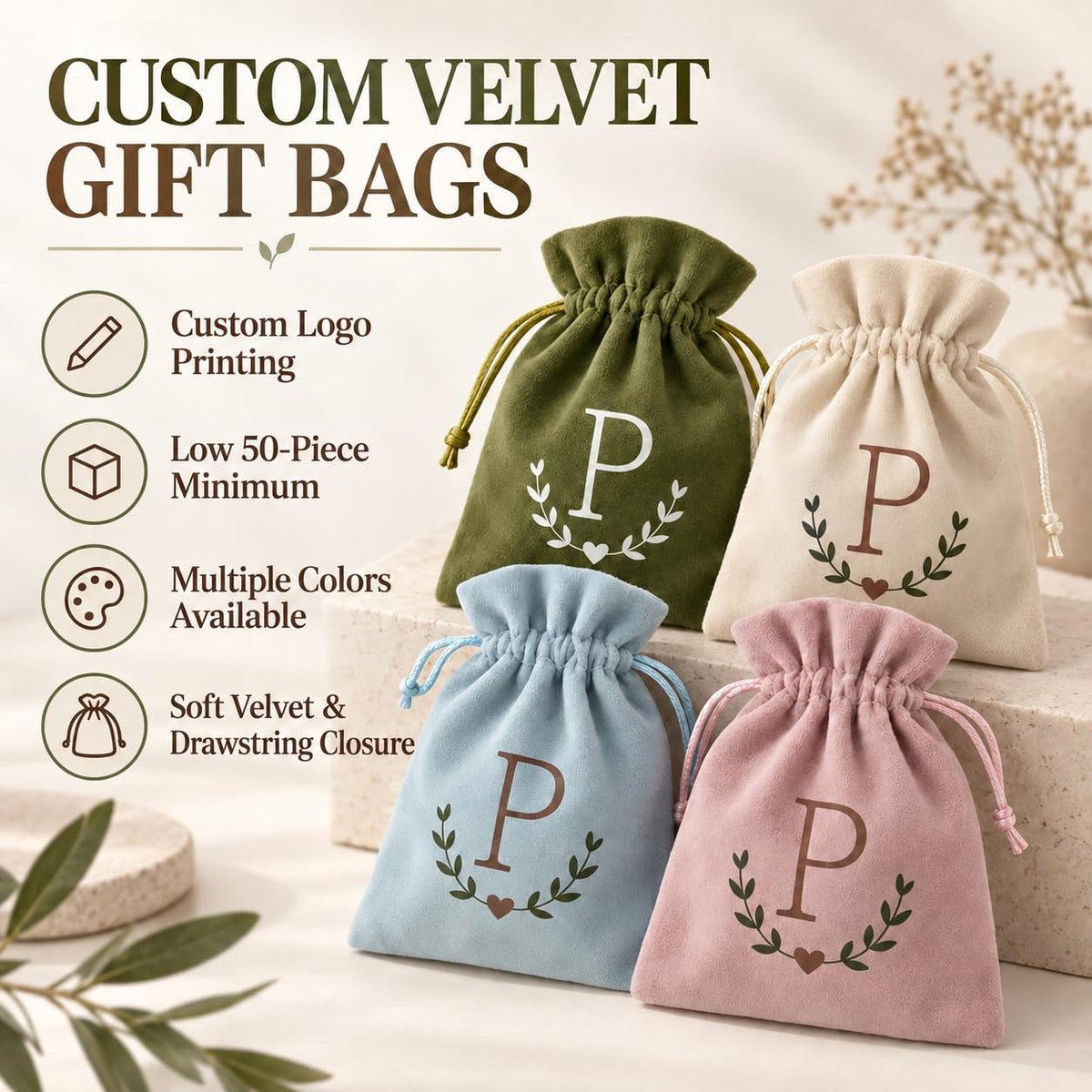 500 Custom Logo Velvet Gift Bags for Weddings & Christmas