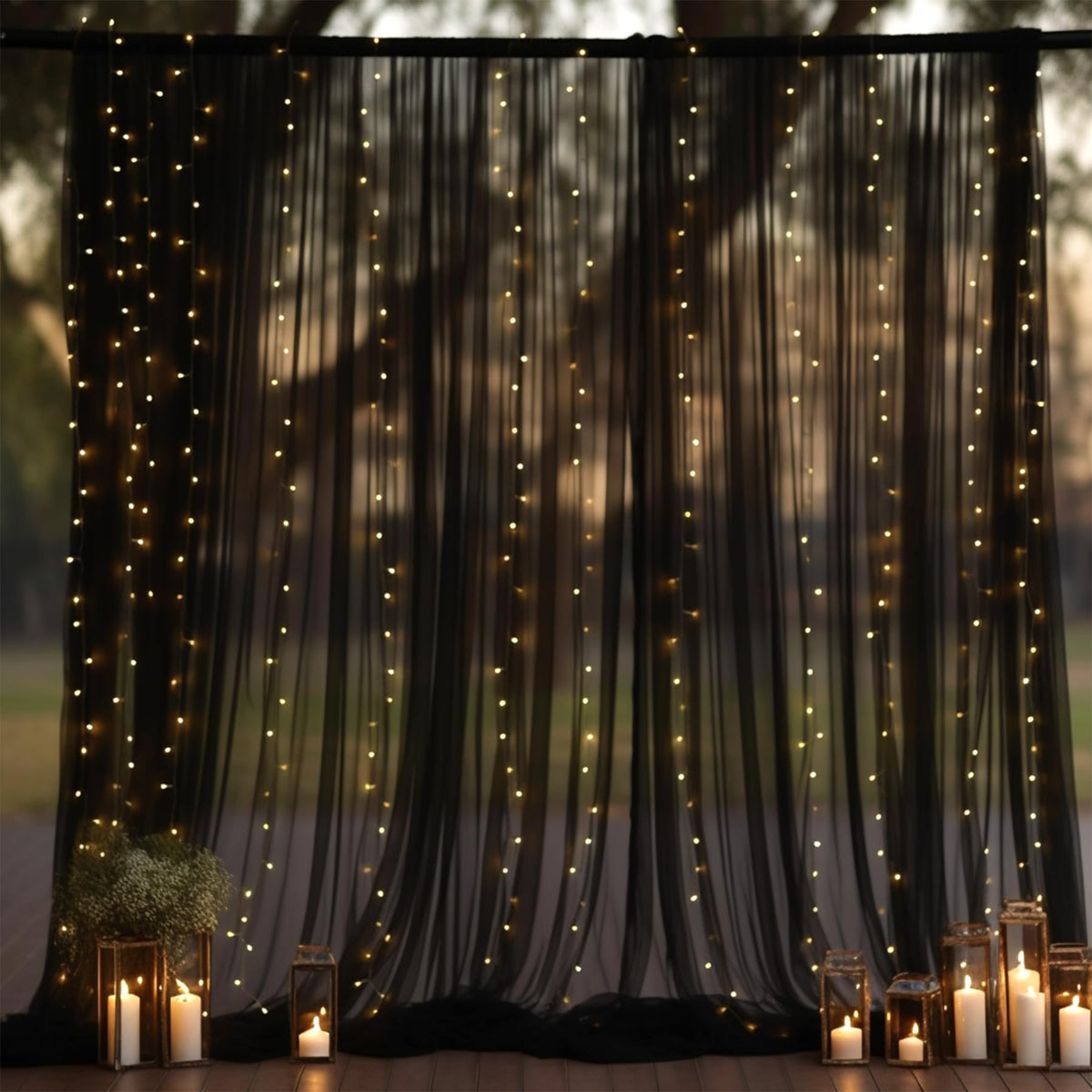 10x10FT Sheer Tulle Backdrop Curtain with String Lights