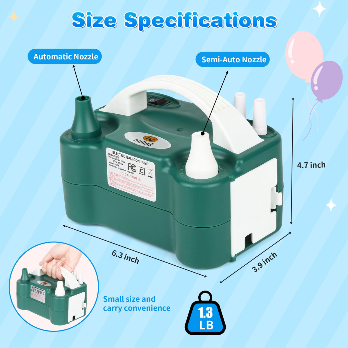Nulink Portable 600W Electric Balloon Pump with Dual Nozzles