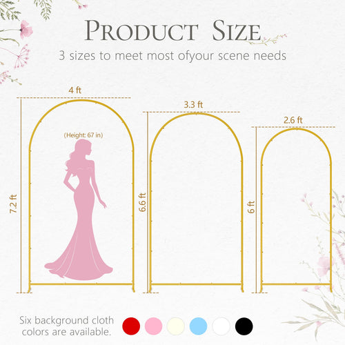 3-Piece Metal Arch Backdrop Stand Set with Covers, 6–7.2FT