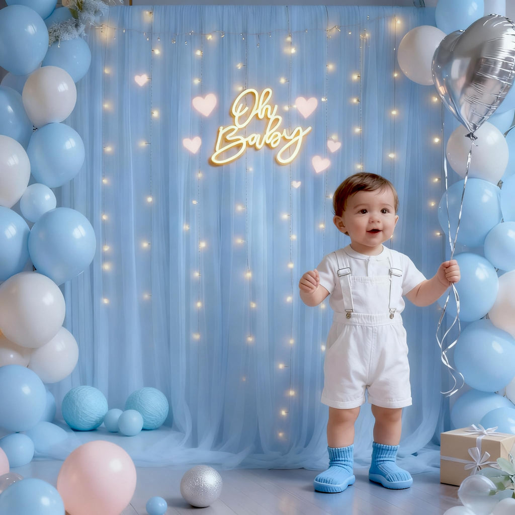 10x10FT Sheer Tulle Backdrop Curtain with String Lights