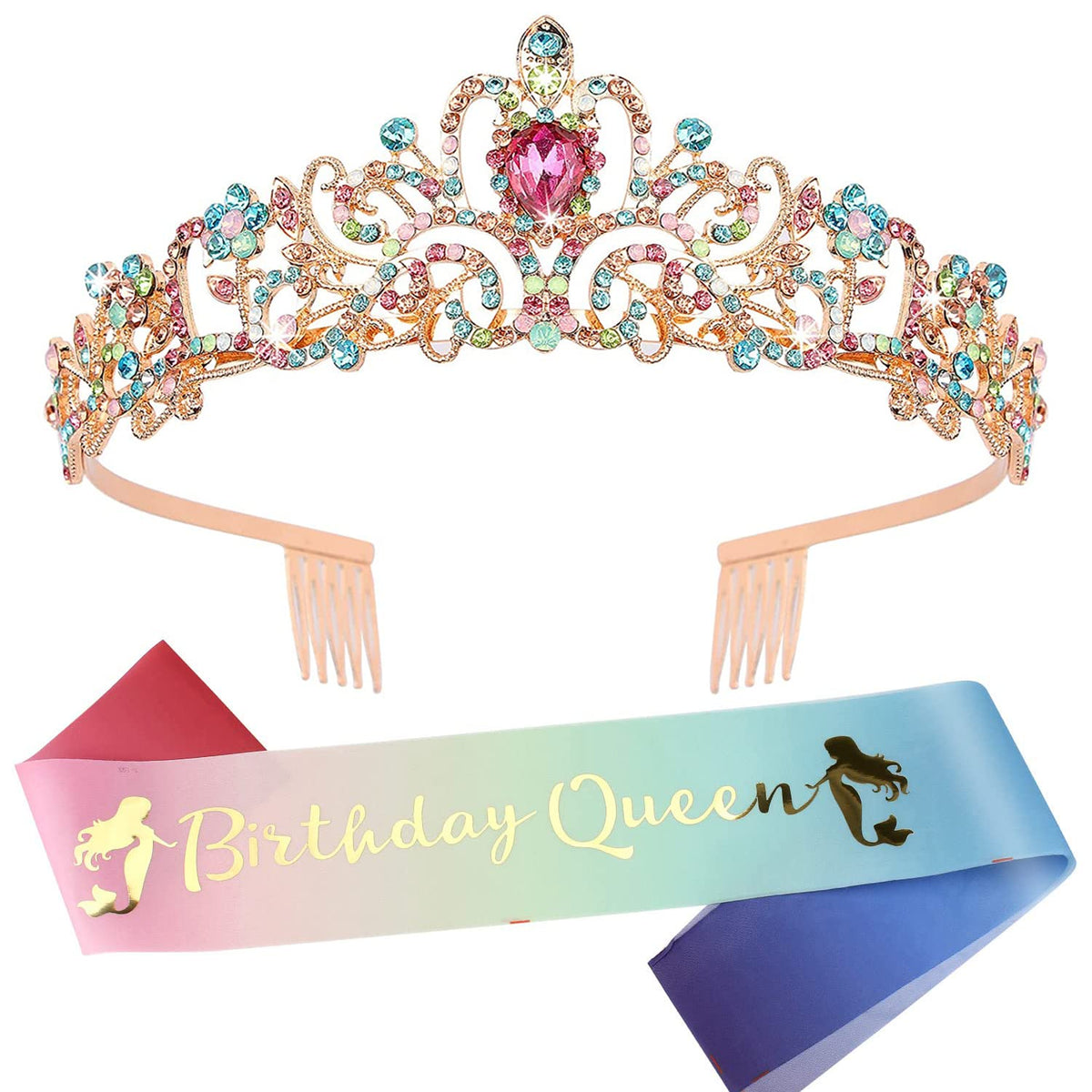 COCIDE Birthday Queen Silver Tiara & Glitter Sash Set