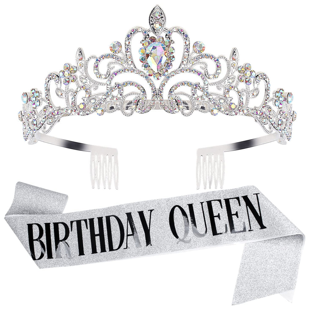 COCIDE Birthday Queen Silver Tiara & Glitter Sash Set