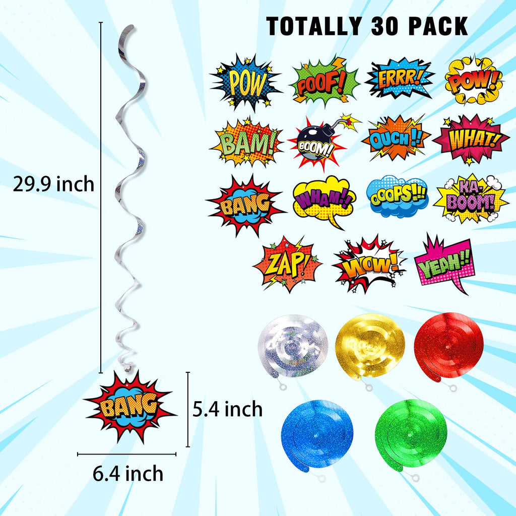 30-Pack Superhero Foil Hanging Swirls for Birthday Parties