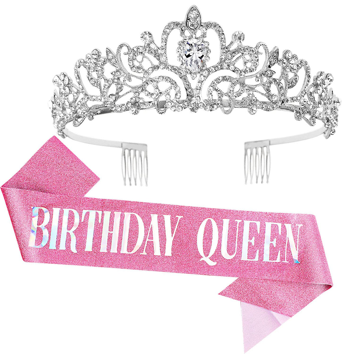 COCIDE Birthday Queen Silver Tiara & Glitter Sash Set
