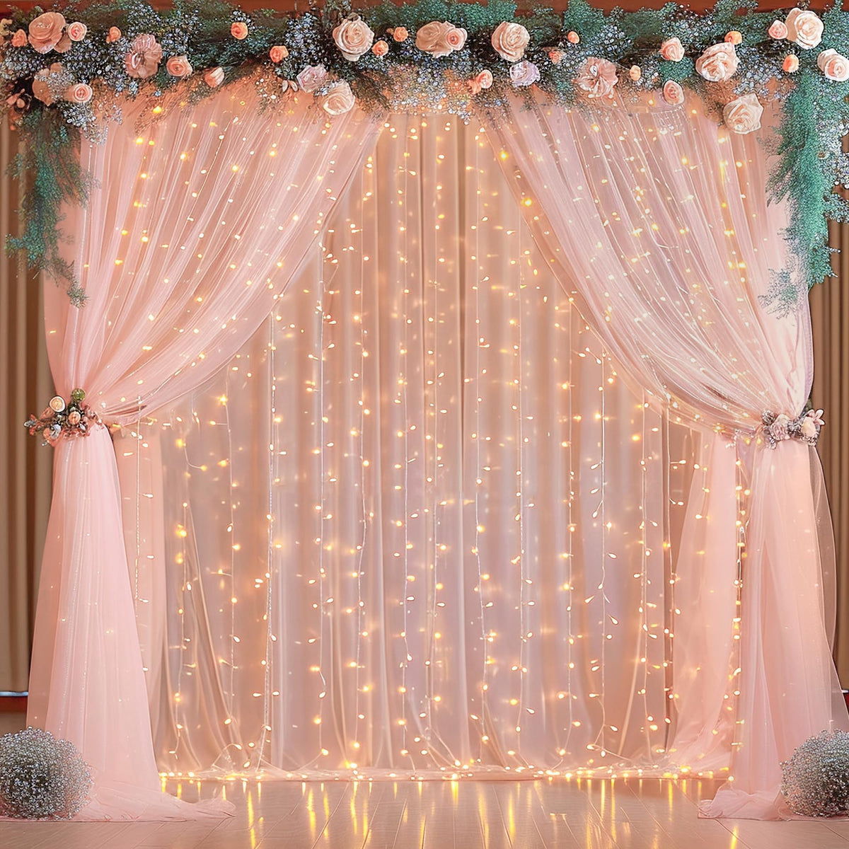 10x10FT Sheer Tulle Backdrop Curtain with String Lights