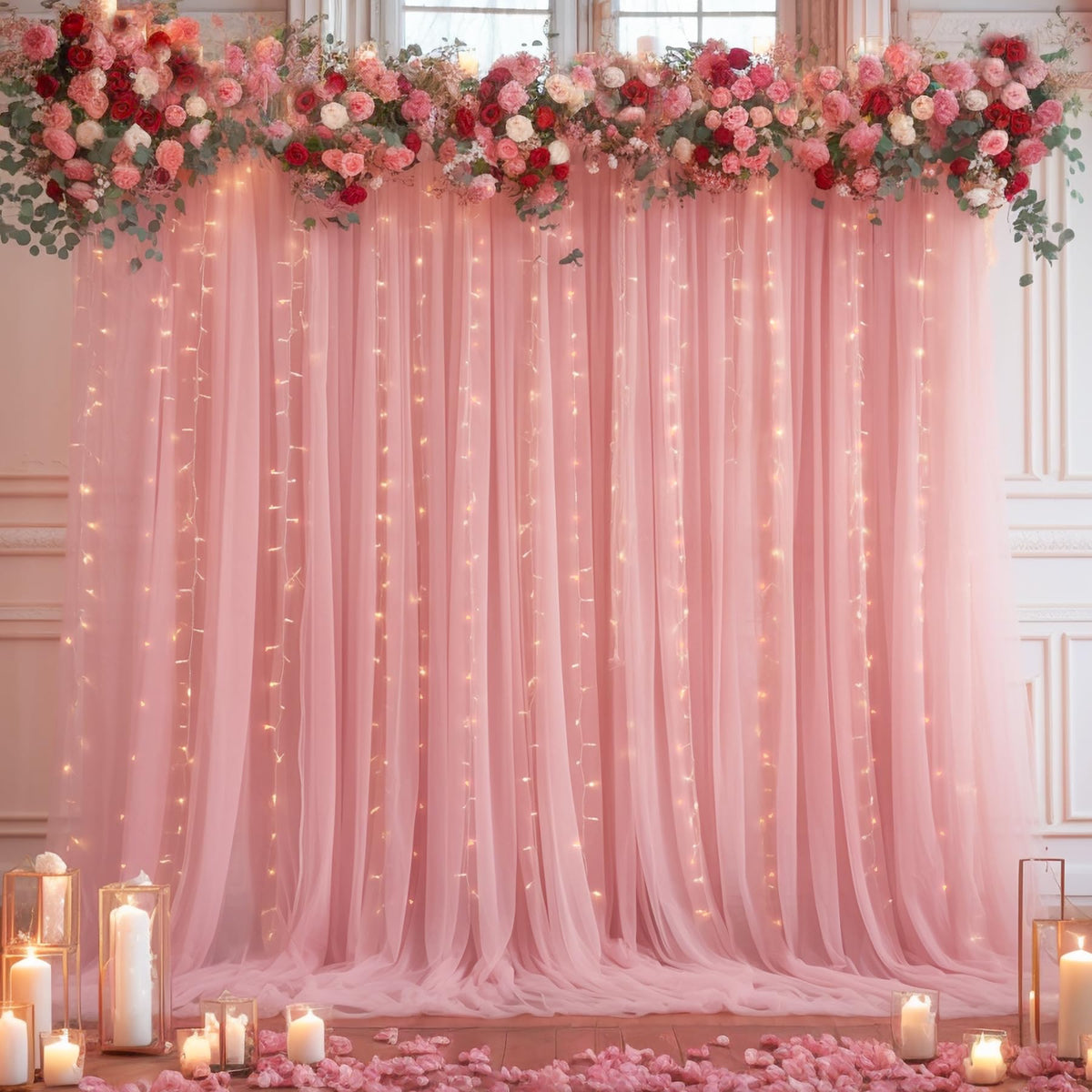10x10FT Sheer Tulle Backdrop Curtain with String Lights