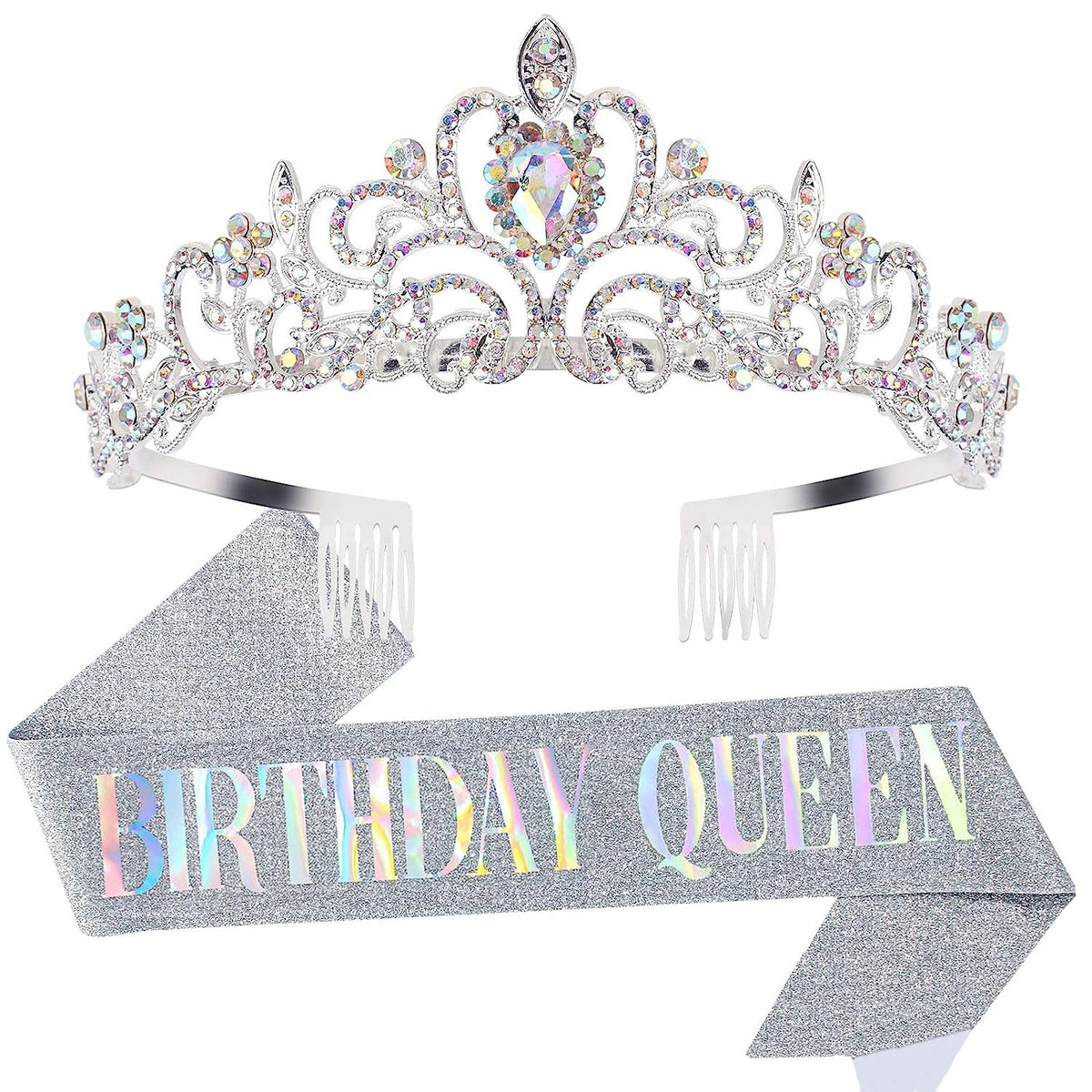 COCIDE Birthday Queen Silver Tiara & Glitter Sash Set