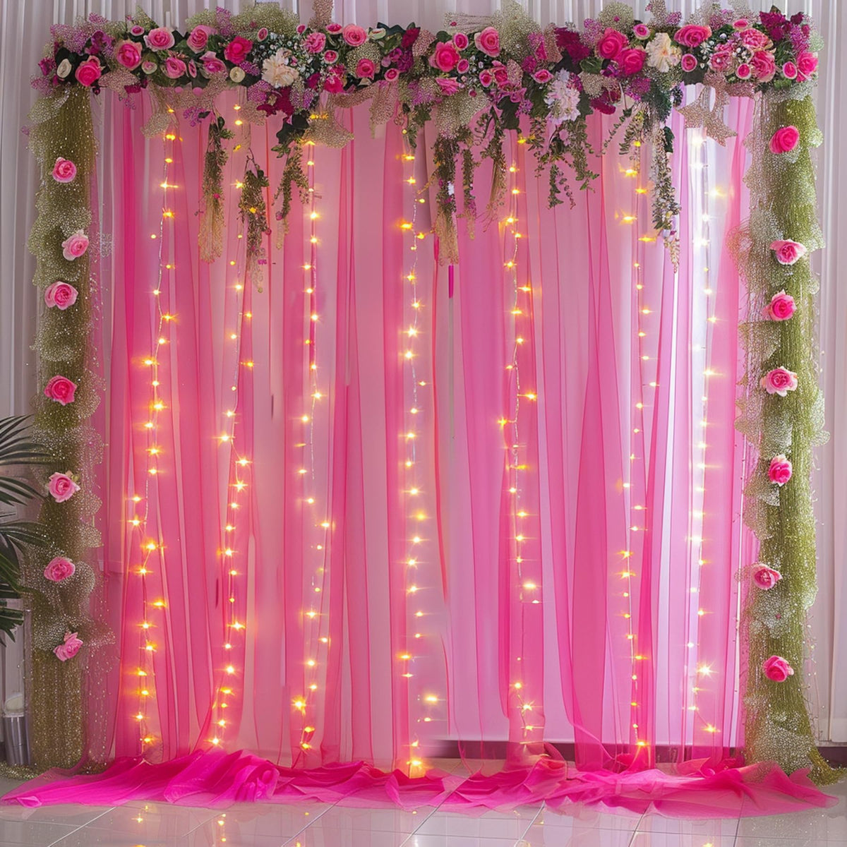 10x10FT Sheer Tulle Backdrop Curtain with String Lights
