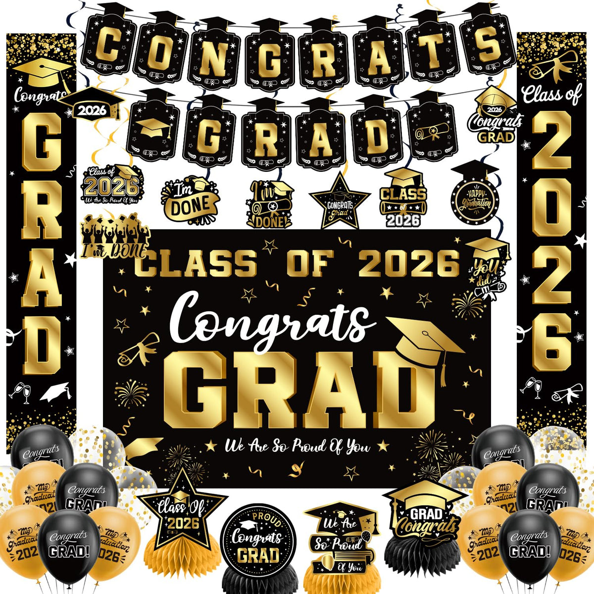 Class of 2026 Black & Gold Graduation Party Banner