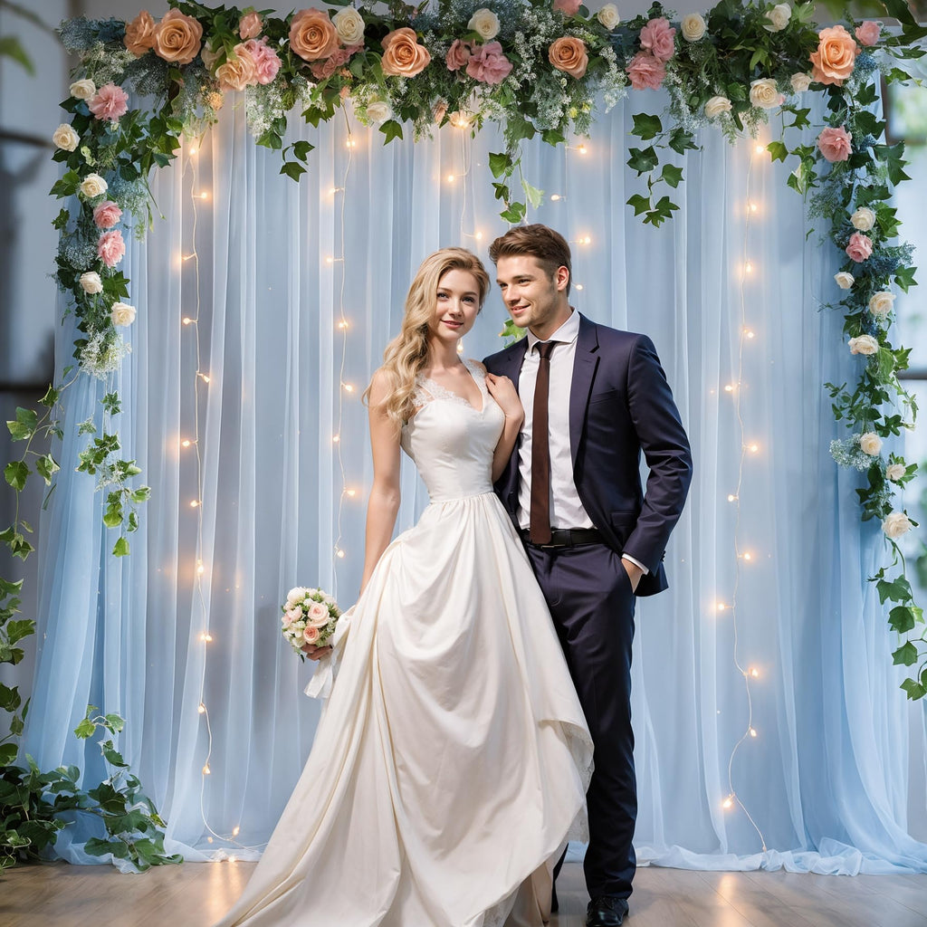 10x10FT Sheer Tulle Backdrop Curtain with String Lights