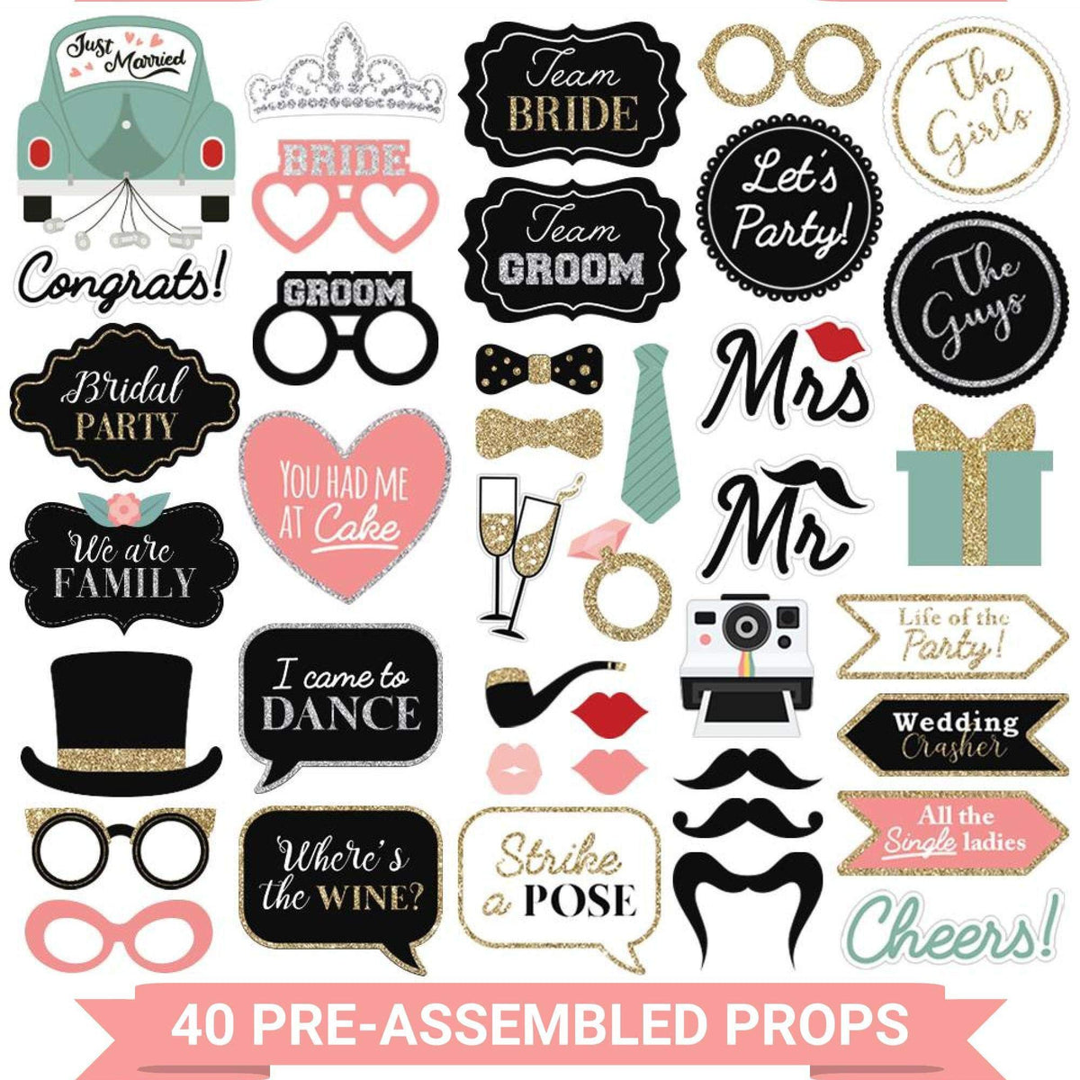 Fully Assembled Photo Booth Props & Selfie Signs for Parties