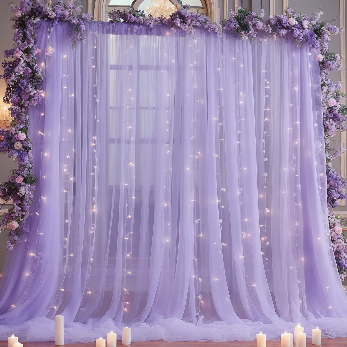 10x10FT Sheer Tulle Backdrop Curtain with String Lights