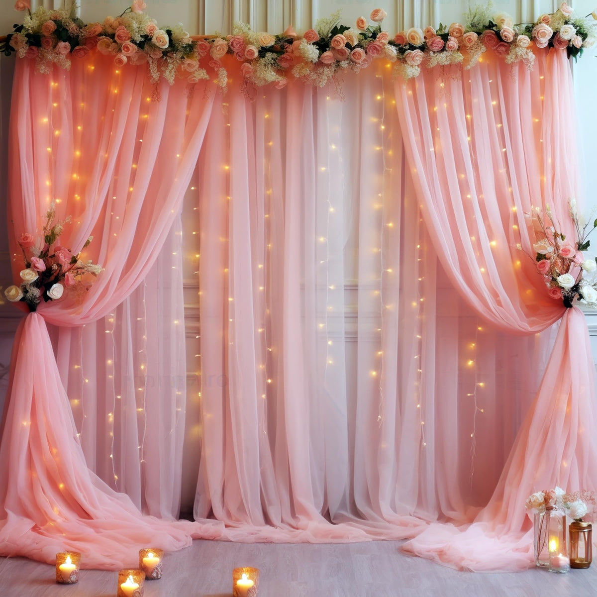 10x10FT Sheer Tulle Backdrop Curtain with String Lights