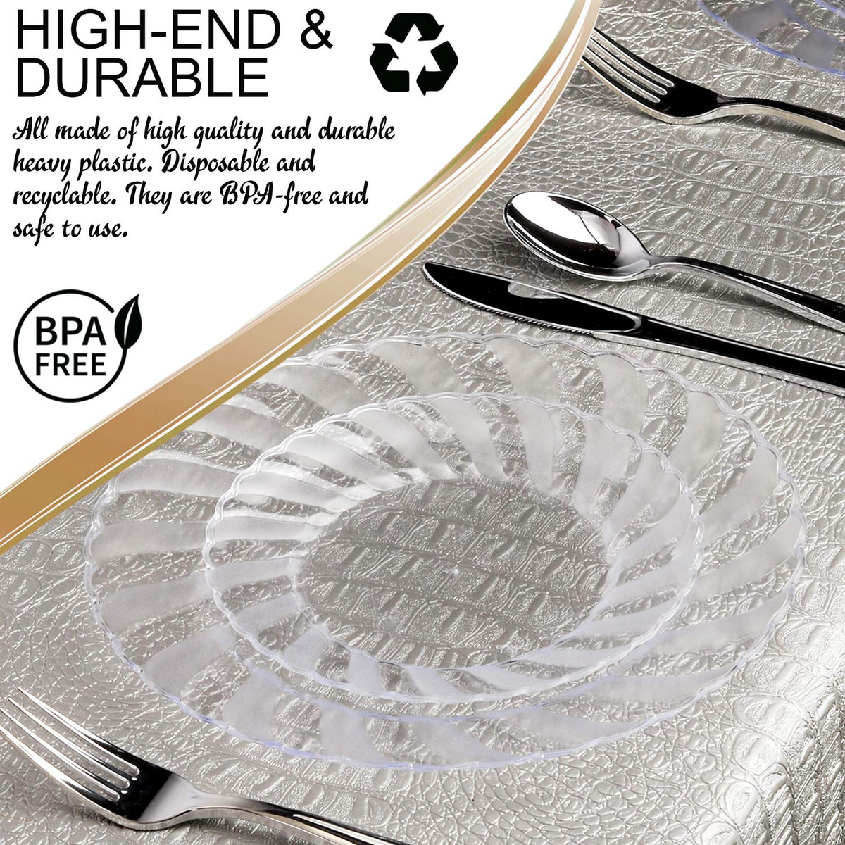 144-Guest Clear Disposable Dinnerware Set with Silver Cutlery