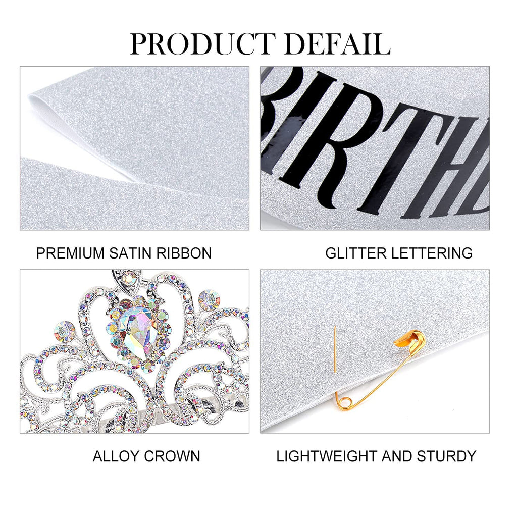 COCIDE Birthday Queen Silver Tiara & Glitter Sash Set