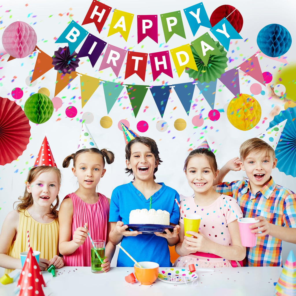 Meowoo Rainbow Birthday Banner, Fans & Honeycomb Set