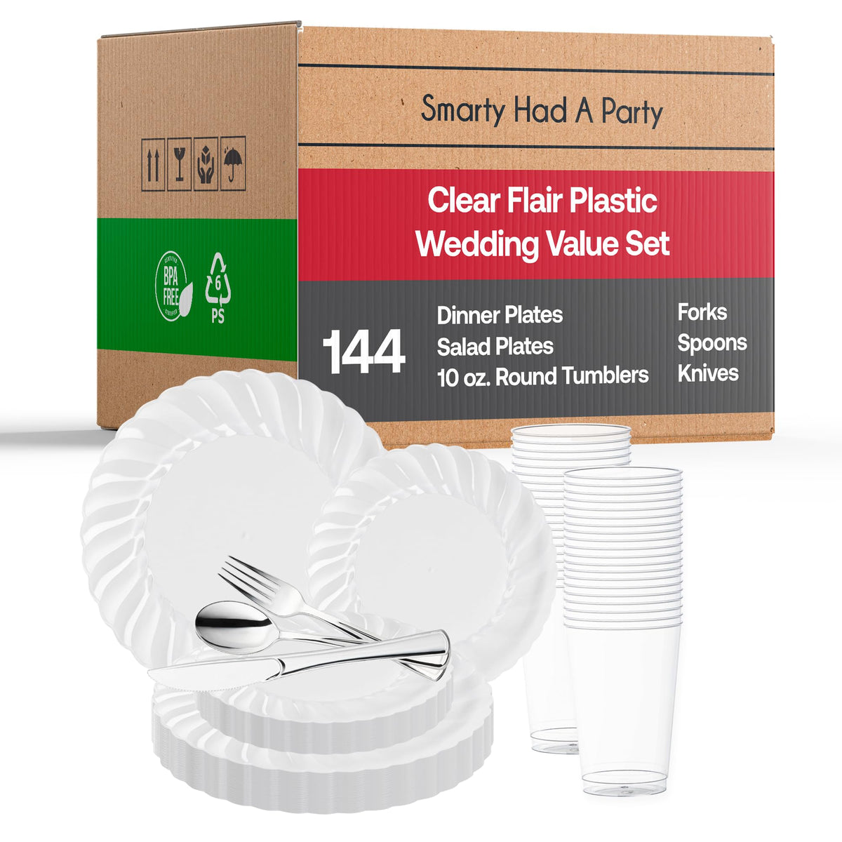 144-Guest Clear Disposable Dinnerware Set with Silver Cutlery